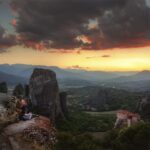 Meteora sunset view with monastery